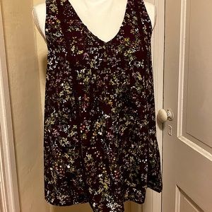 Floral, burgundy, sleeveless blouse, with solid burgundy back. Size medium.